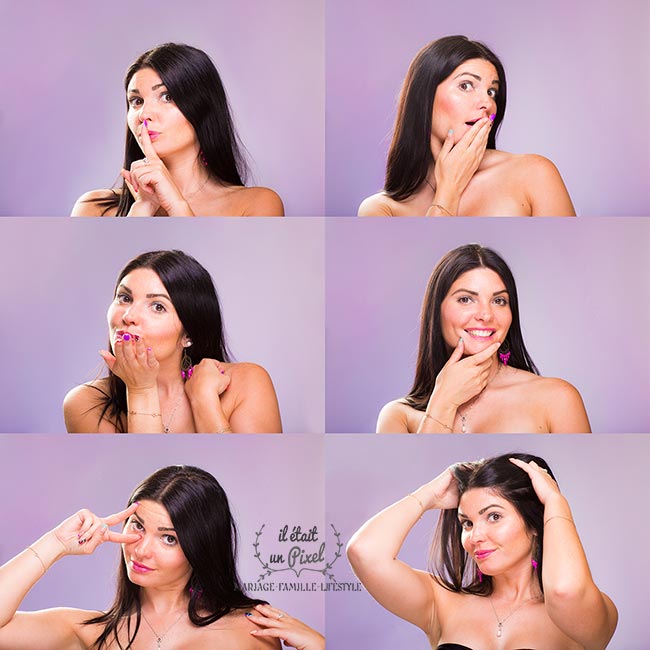 Série de 6 photos de miss Paris 2016 Odrey Brook qui s'amuse devant l'objectif pendant a shooting avec fond violet clair