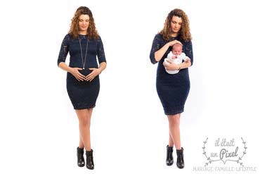 Photo studio en pieds avant apres d'une maman enceinte et avec bébé 
